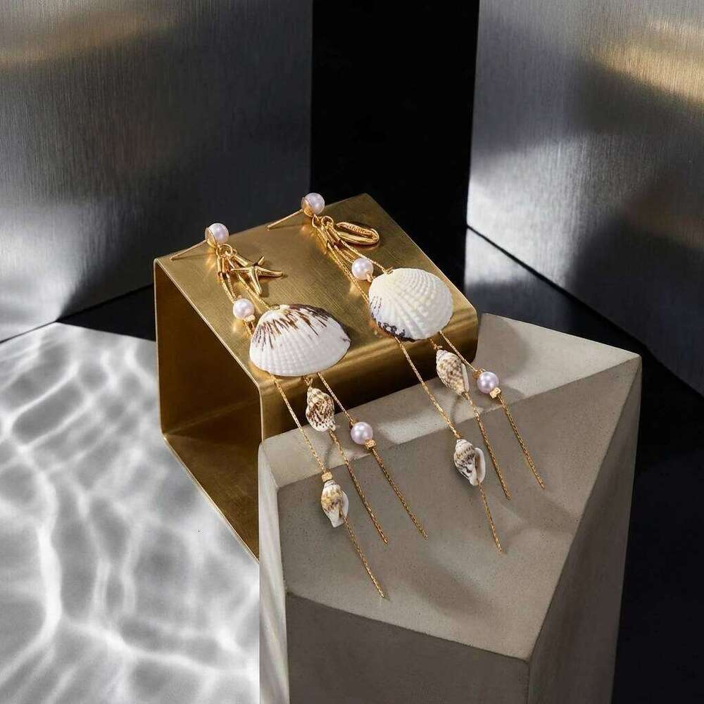 Boho Seashell Starfish Conch Imitation Pearl Dangle Earrings for Women Long Gold Color Tassel Mermaid Ocean Beach Summer Jewelry - view 4