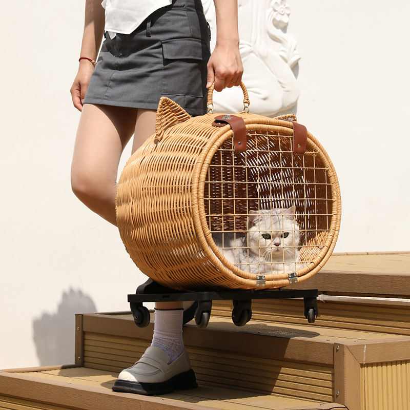 LBY Rattan Cat Carrier with Wheels, Cute Cat Ear Rolling Pet Trolley, Breathable Wicker Cat Travel Bag with Telescopic Handle for Outdoor Walking