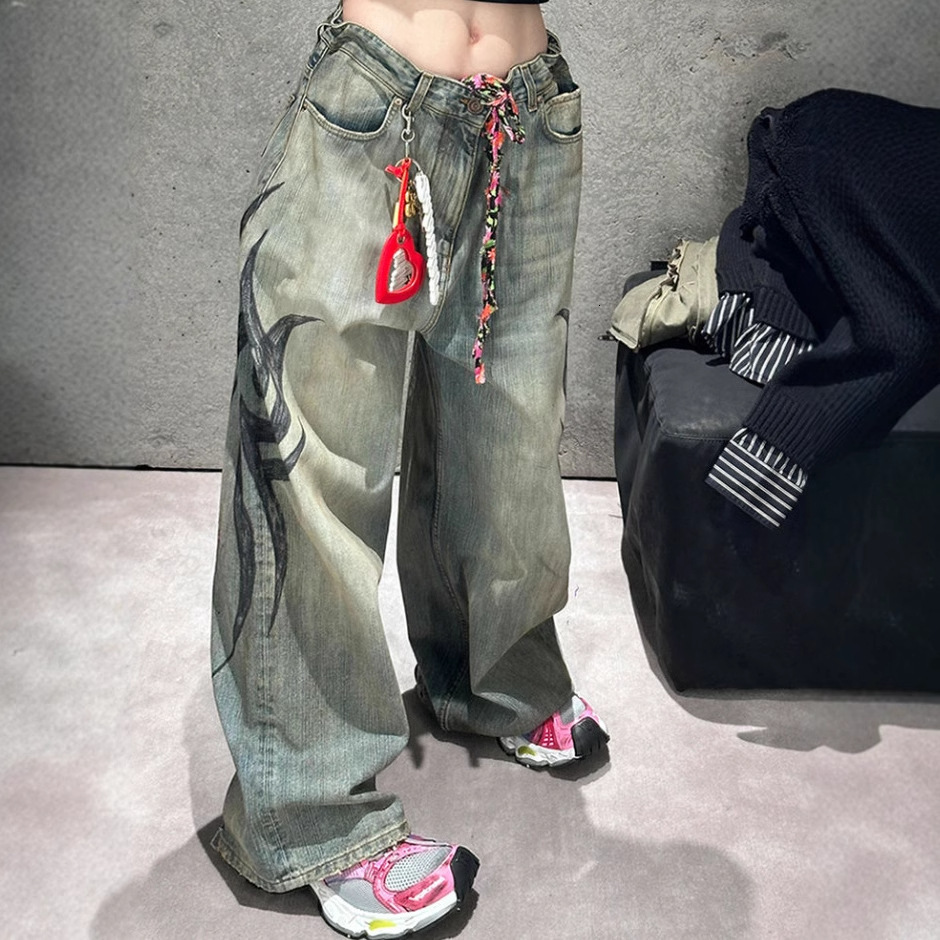 Y2K High Street Jeans Mens Retro Washed Oversized Printed Harajuku Pants Couple American Street Leisure Overalls Unisex 250208