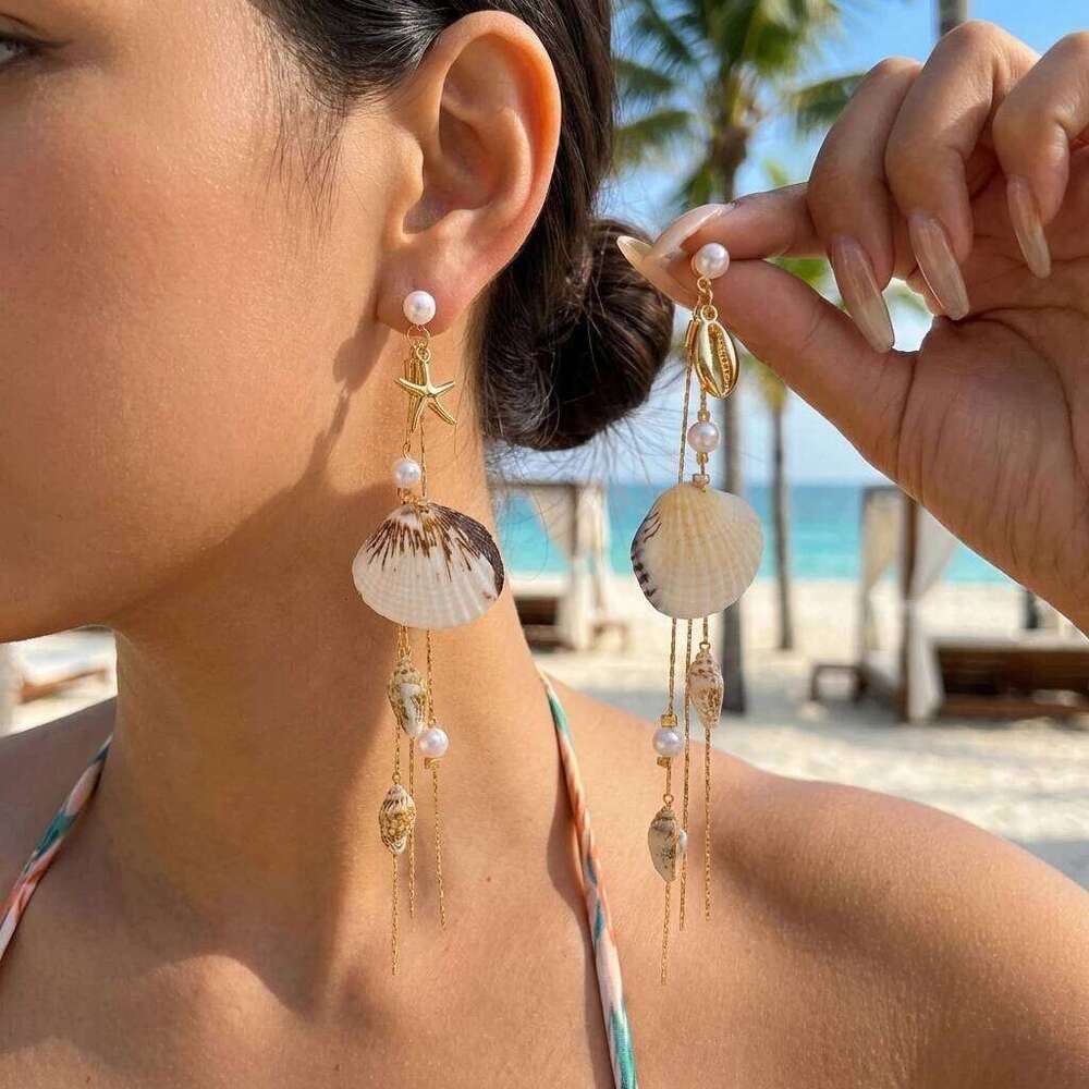 Boho Seashell Starfish Conch Imitation Pearl Dangle Earrings for Women Long Gold Color Tassel Mermaid Ocean Beach Summer Jewelry