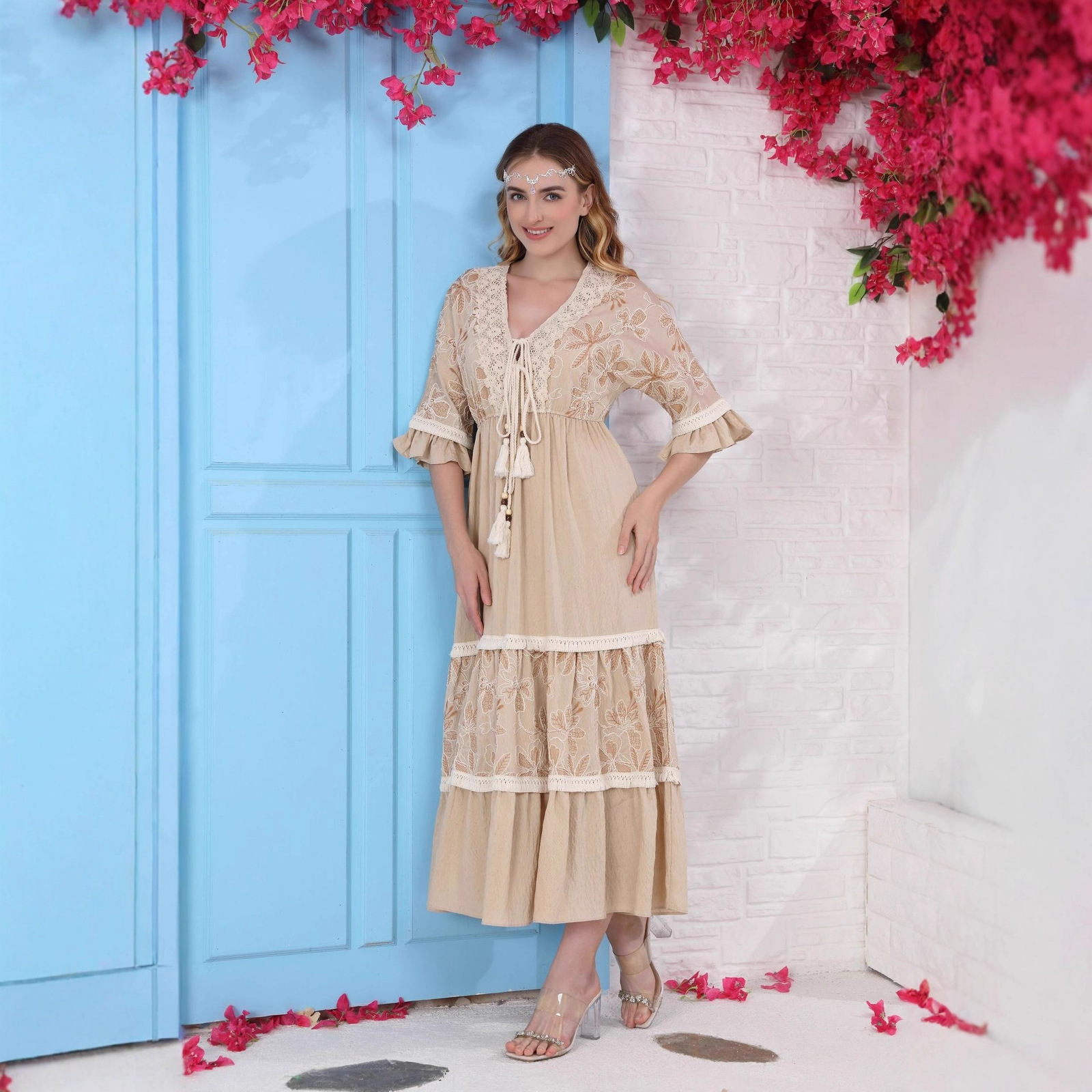 Women Fall Casual Long Dress Floral Print Lace V-Neck Long Sleeve Dress Fashion Holiday Maxi Dress Elegant Classics Versatility 250326