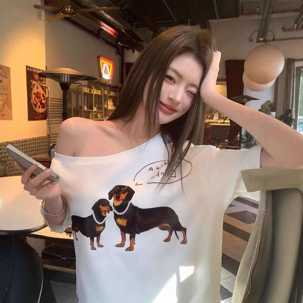Women's Dachshund T-Shirt, Summer One-Shoulder Top with Loose Batwing Short Sleeves, 100% Cotton Applique Animal Graphic, Casual Everyday Wear for Dog - view 3