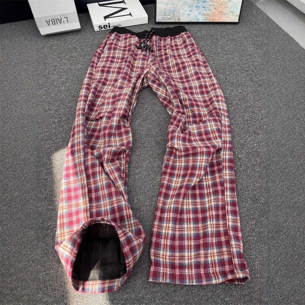 Luxury Brand Designer Clothes American Retro Red For Men, Autumn Style, Pleated, Contrasting Color Plaid Trousers, Straight-Leg, Slightly Flared Long  - view 3