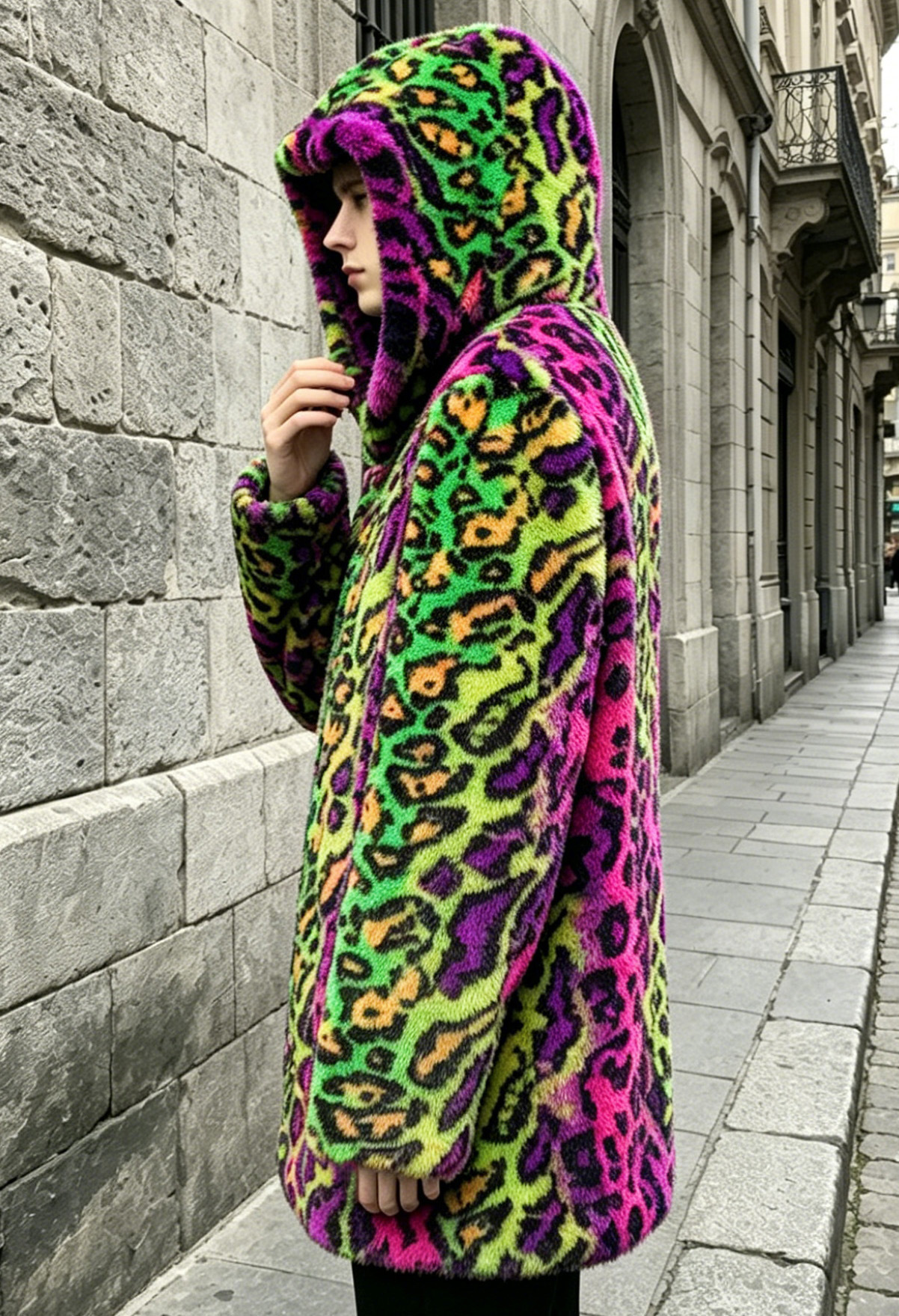 Stage Wear Men's Mid-Length Hooded Faux Fox Fur Coat with New Lynx Print - view 9