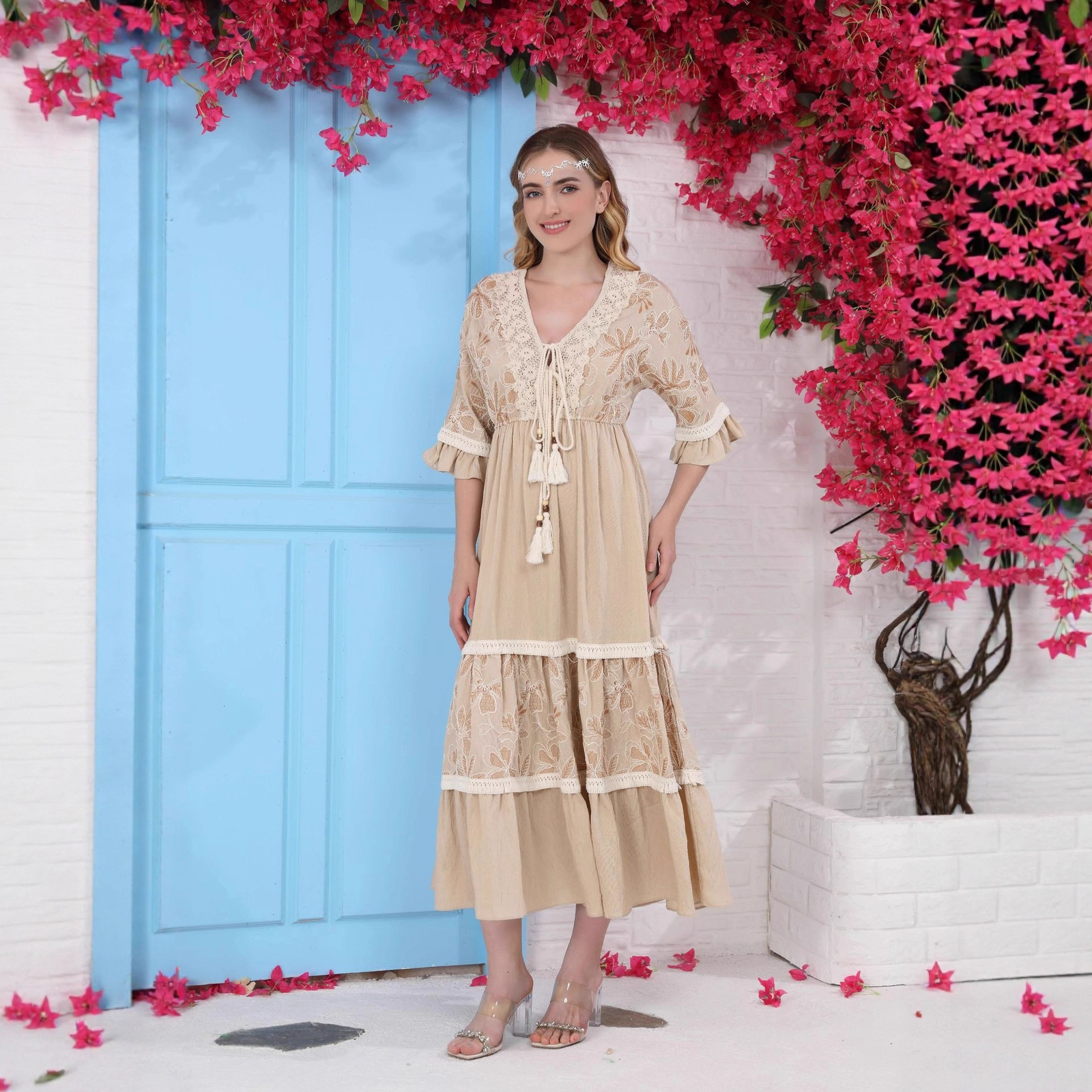 Women Fall Casual Long Dress Floral Print Lace V-Neck Long Sleeve Dress Fashion Holiday Maxi Dress Elegant Classics Versatility 250326