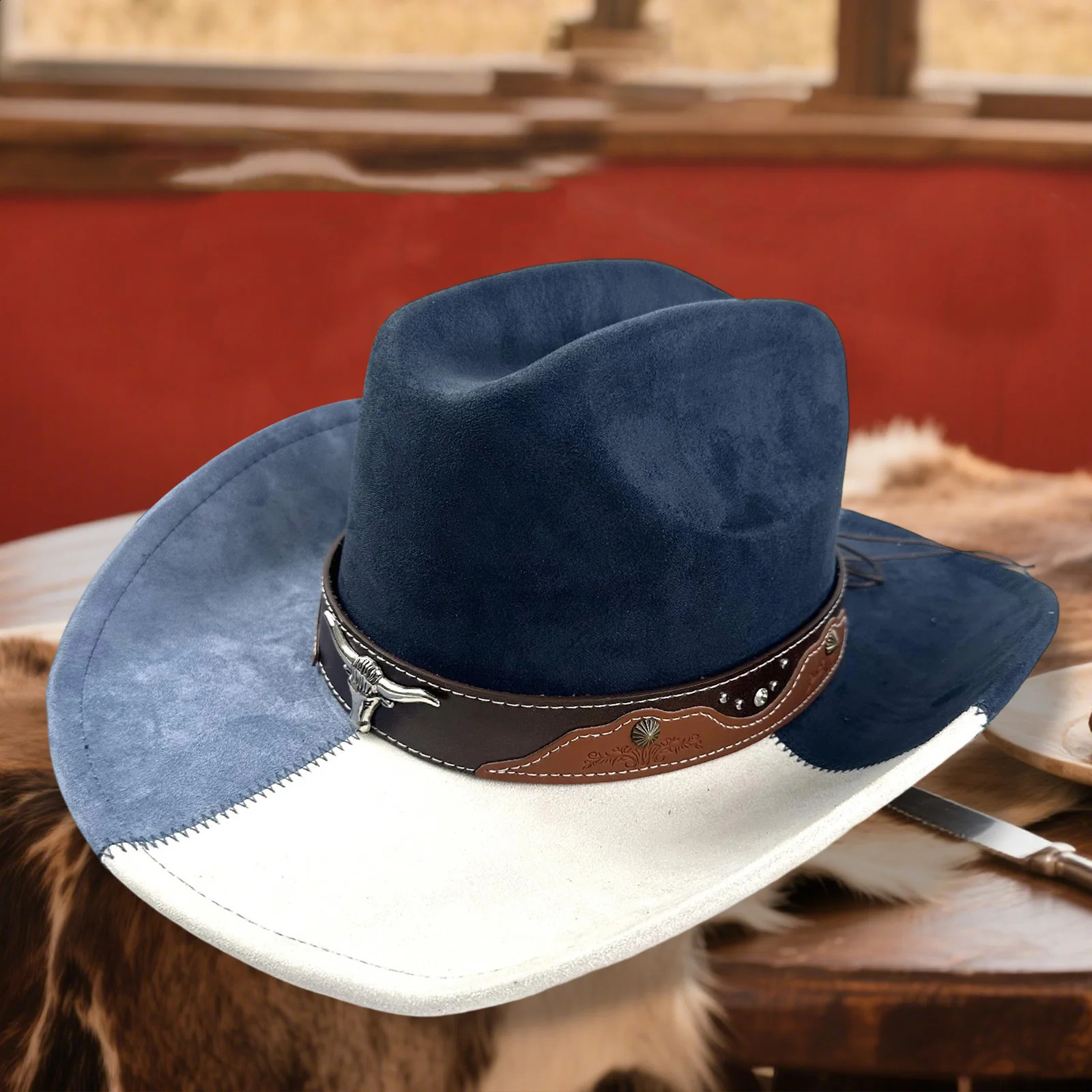 Contrast Western Hat for Women Men Suede Cowgirl Cap Casual Wide Brim Sun Hat for Outdoor Party 260610 - view 6