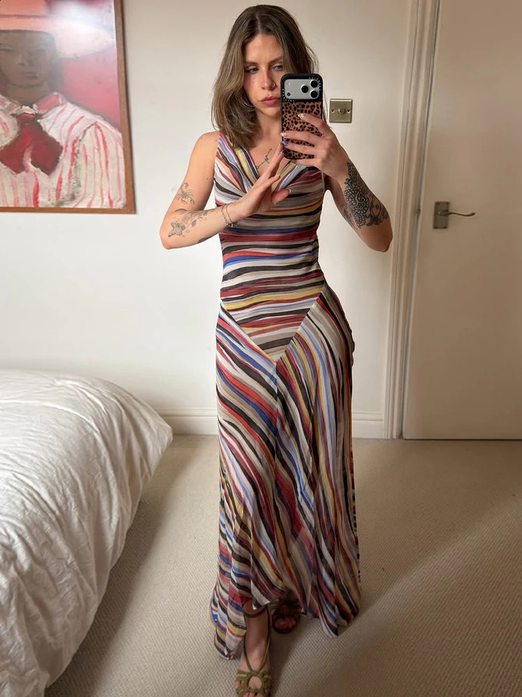 Summer Colorful Stripe Long Dresses for Women Chic Sleeveless Female Midi Dress Fashion Lady Vacation Beach Vestidos 260710 - view 6