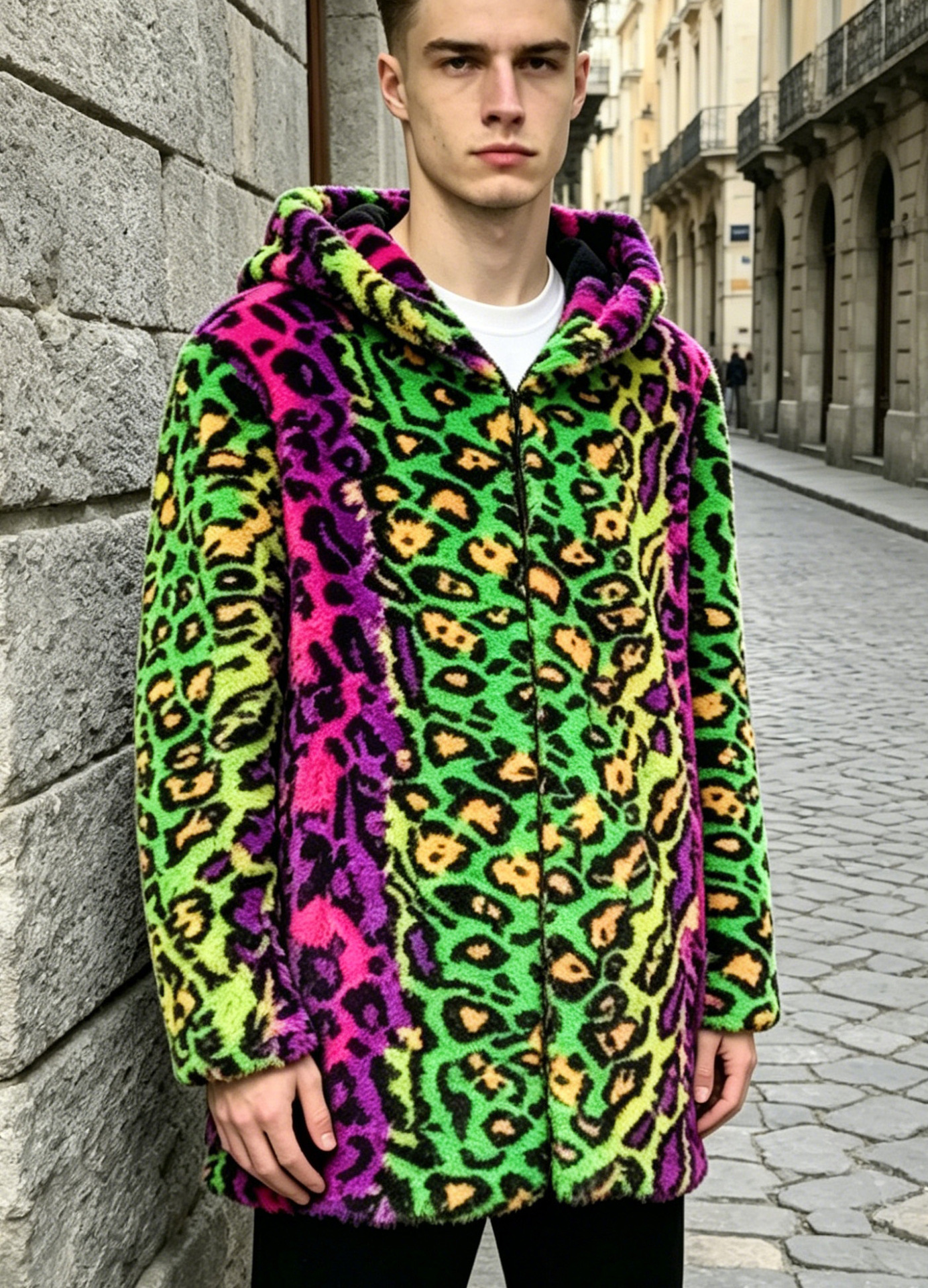 Stage Wear Men's Mid-Length Hooded Faux Fox Fur Coat with New Lynx Print - view 5
