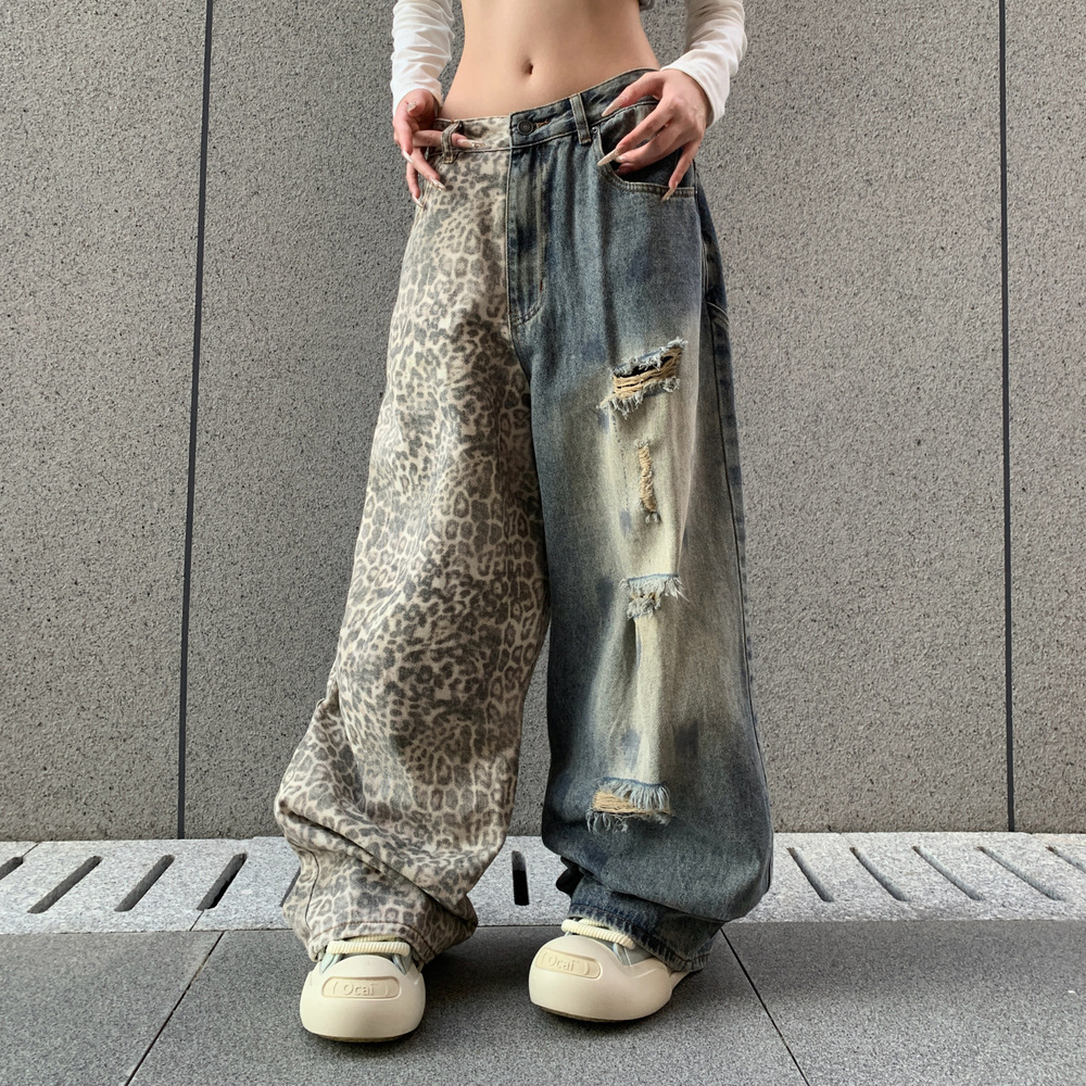 Washed Vintage Leopard Print Mens Jeans Designers Unisex Street Loose Slimming Wide Leg Pants Pantalones De Hombre Jean Baggy