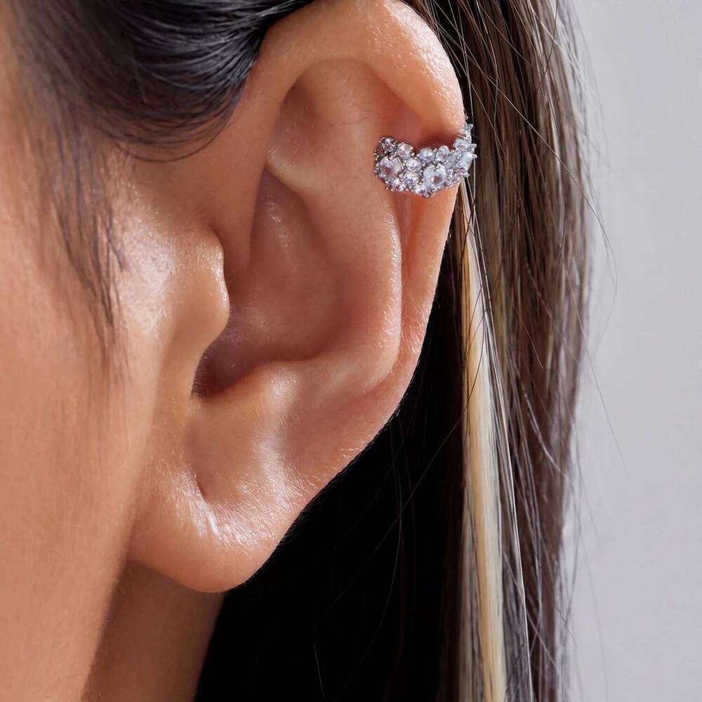Luxury Silver Tone Copper Flower Ear Cuff for Women Full Cubic Zirconia Pave Clip Earring Elegant Party Wedding Gift Accessories - view 6