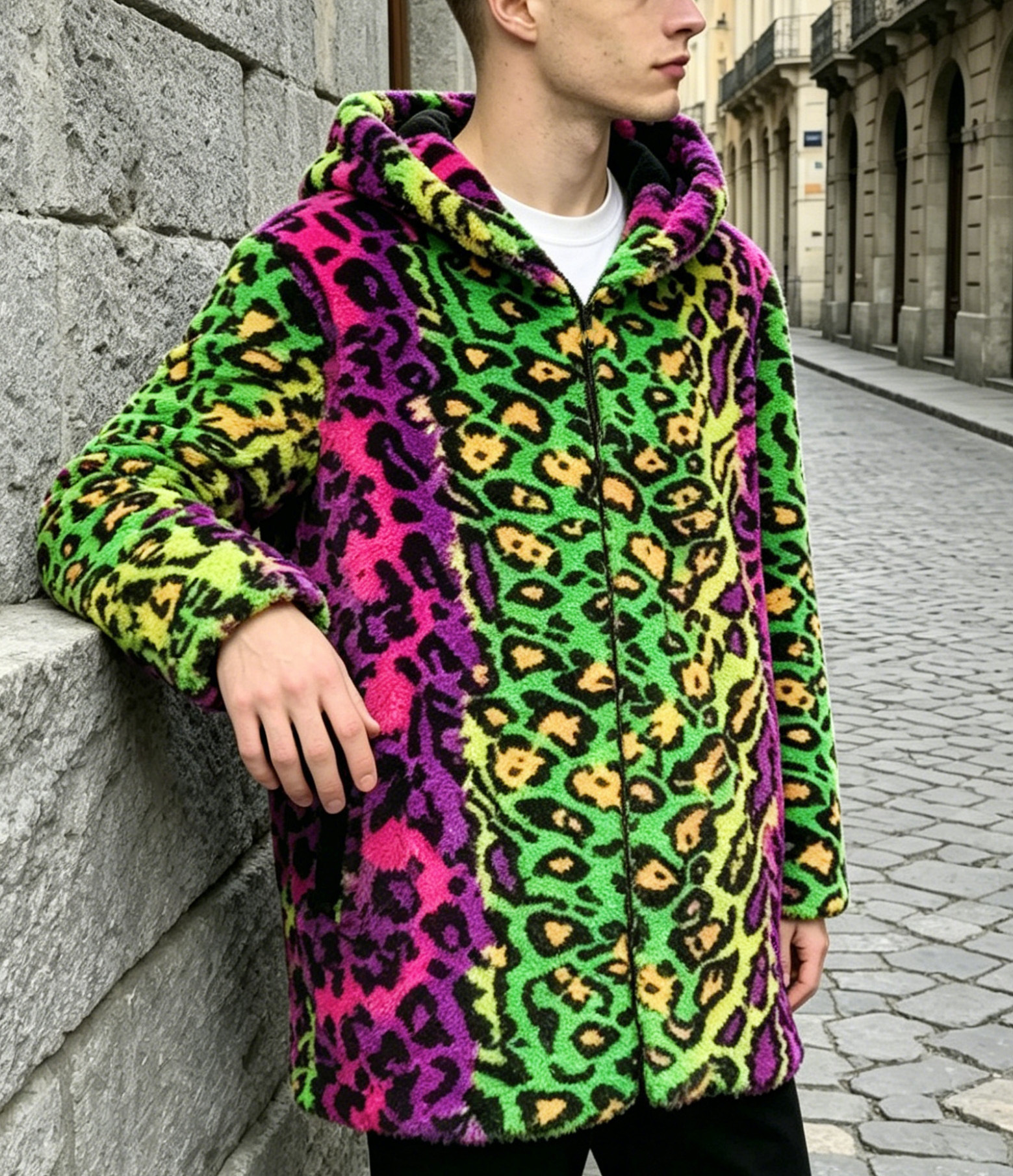 Stage Wear Men's Mid-Length Hooded Faux Fox Fur Coat with New Lynx Print - view 6