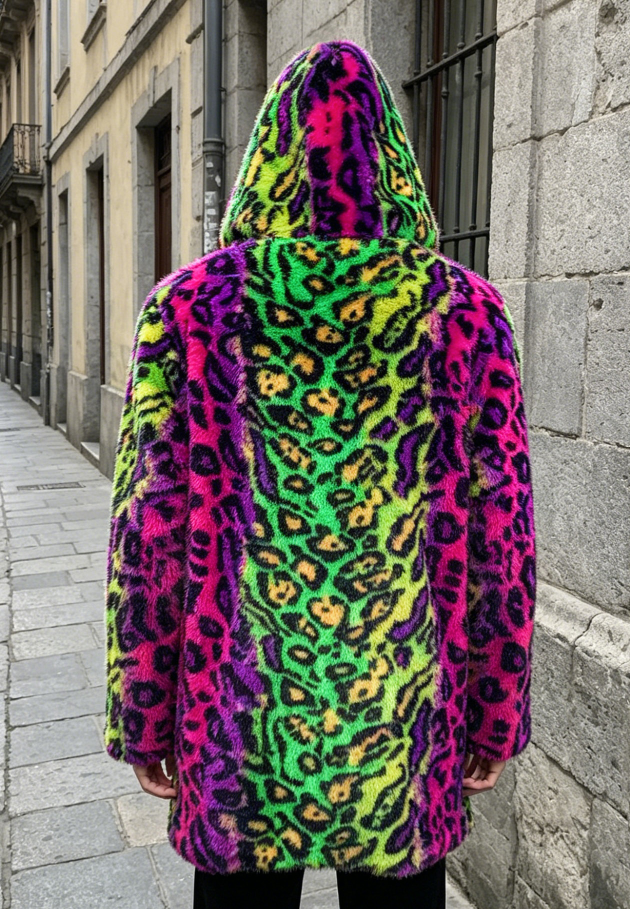 Stage Wear Men's Mid-Length Hooded Faux Fox Fur Coat with New Lynx Print - view 4