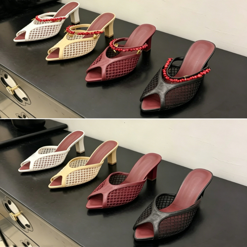 designers mesh heeled mules women pearls sandals beach heels kitten glass slipper summer peep toe leather slides seaside luxury footwear 1132