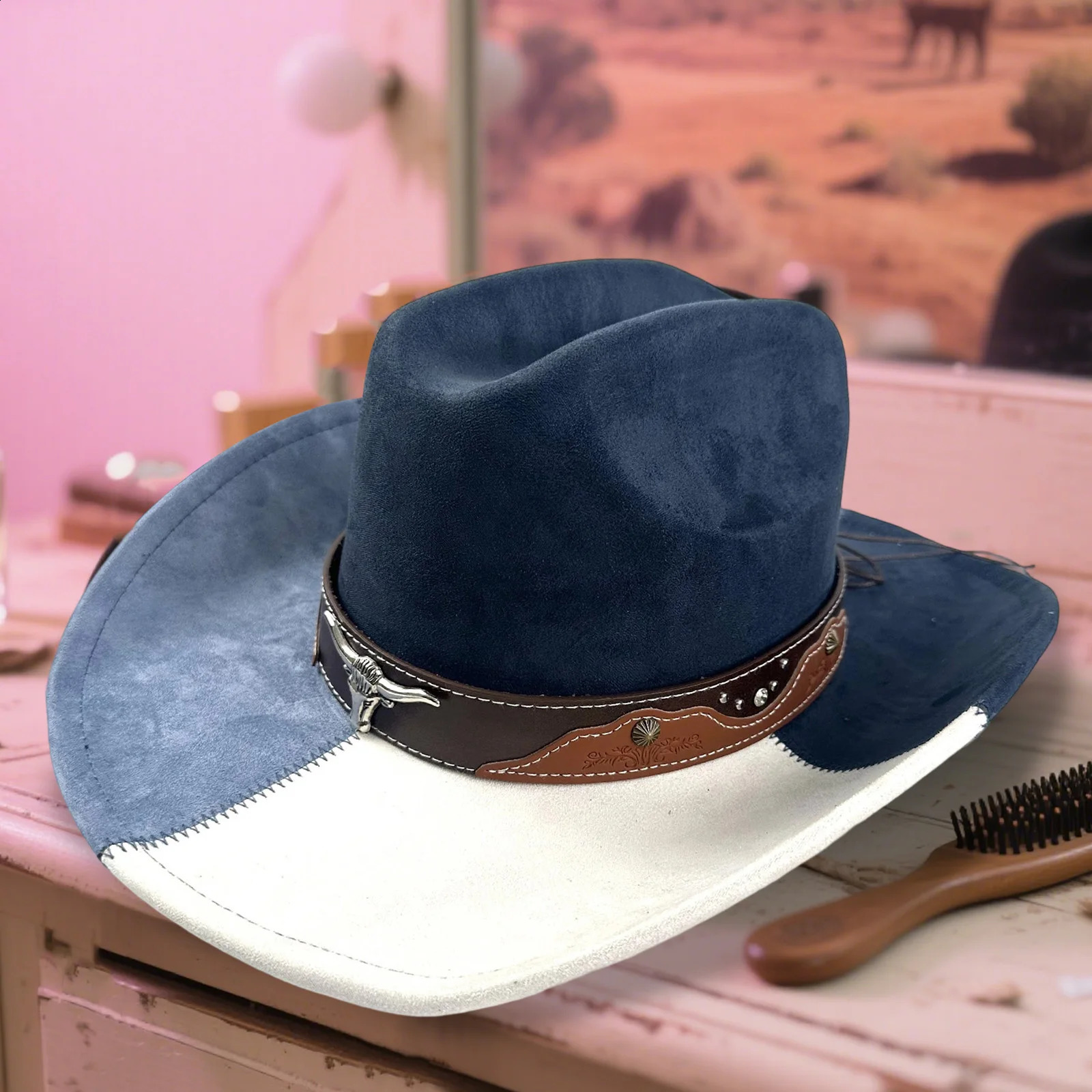 Contrast Western Hat for Women Men Suede Cowgirl Cap Casual Wide Brim Sun Hat for Outdoor Party 260610 - view 4