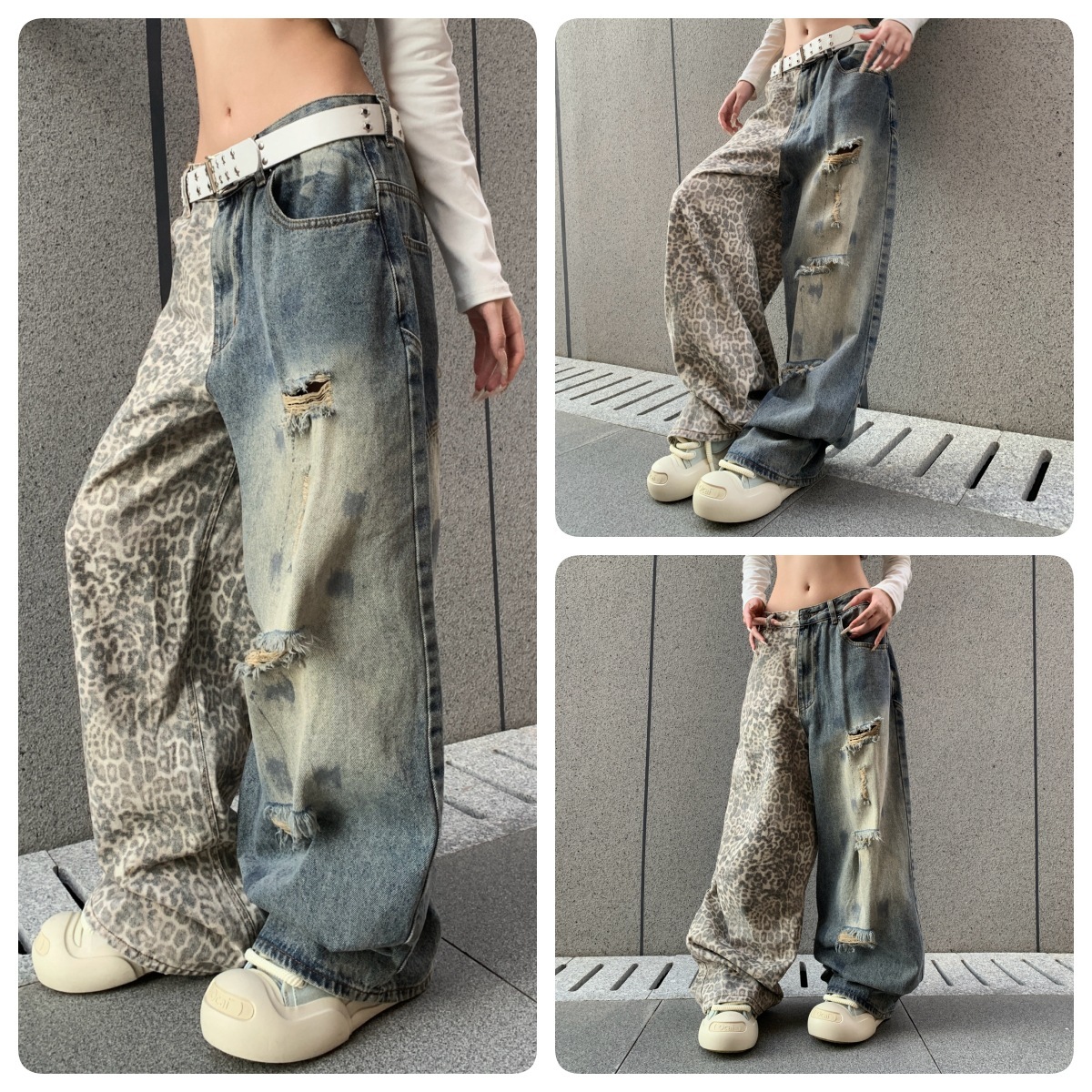 Washed Vintage Leopard Print Mens Jeans Designers Unisex Street Loose Slimming Wide Leg Pants Pantalones De Hombre Jean Baggy