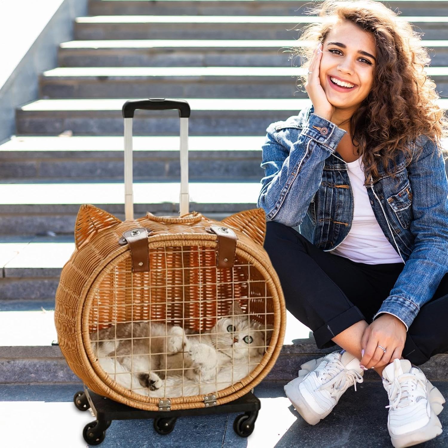LBY Rattan Cat Carrier with Wheels, Cute Cat Ear Rolling Pet Trolley, Breathable Wicker Cat Travel Bag with Telescopic Handle for Outdoor Walking