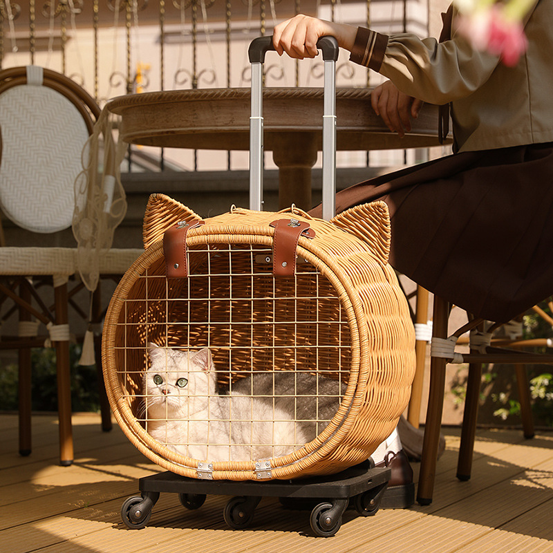 LBY Rattan Cat Carrier with Wheels, Cute Cat Ear Rolling Pet Trolley, Breathable Wicker Cat Travel Bag with Telescopic Handle for Outdoor Walking