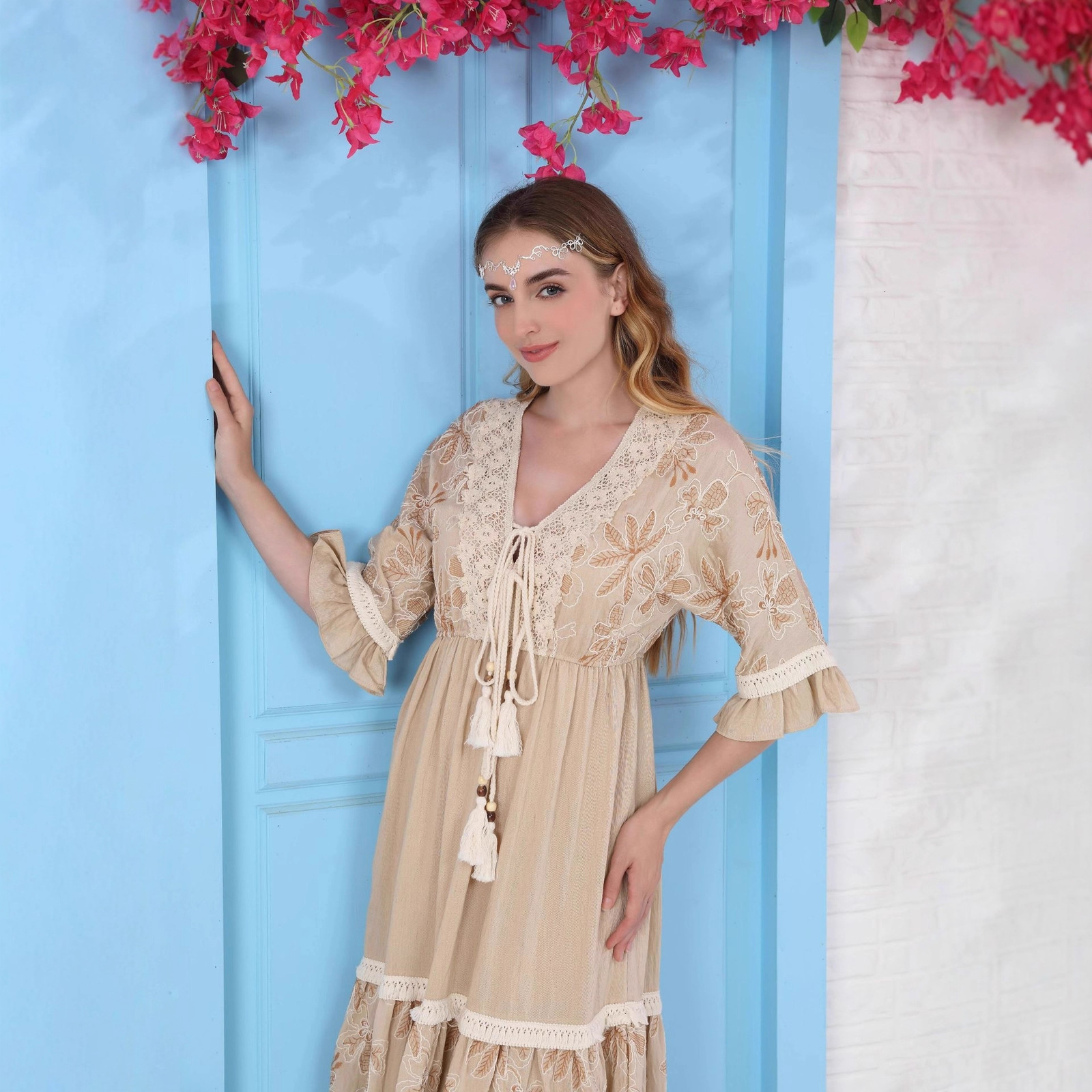 Women Fall Casual Long Dress Floral Print Lace V-Neck Long Sleeve Dress Fashion Holiday Maxi Dress Elegant Classics Versatility 250326