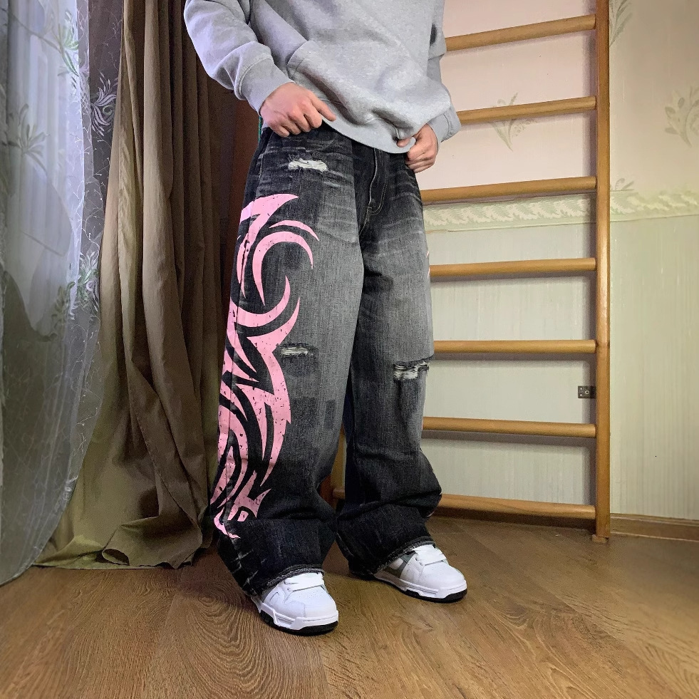 Y2K High Street Jeans Mens Retro Washed Oversized Printed Harajuku Pants Couple American Street Leisure Overalls Unisex 250208