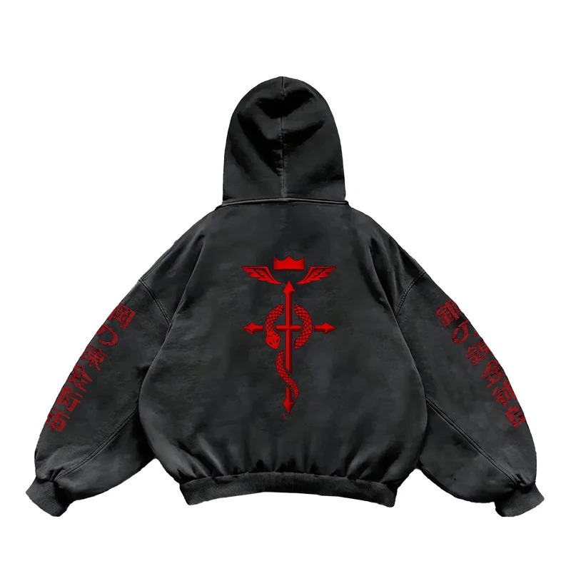 Anime Fullmetal Alchemist Print Hooded Men Women Vintage Manga Hoodies Washed Cotton Pullover Harajuku Loose Sweatshirt 260605 - view 6