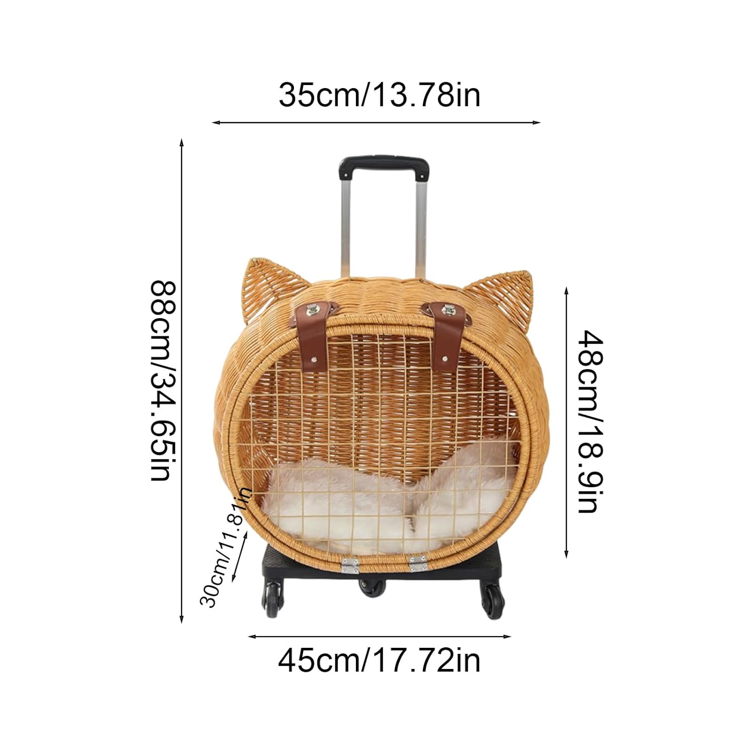 LBY Rattan Cat Carrier with Wheels, Cute Cat Ear Rolling Pet Trolley, Breathable Wicker Cat Travel Bag with Telescopic Handle for Outdoor Walking