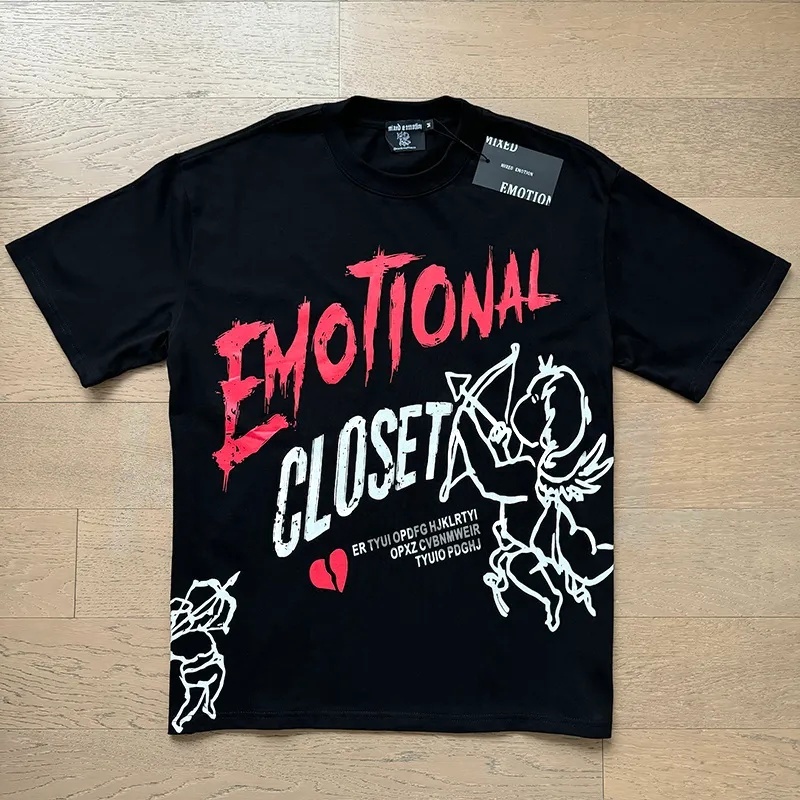 Mixed Emotion Premium Quality T shirt with Cupid graphic rhinestone print luxury oversize short sleeve tshirt Emotional Dark Aesthetic style streetwea - view 4