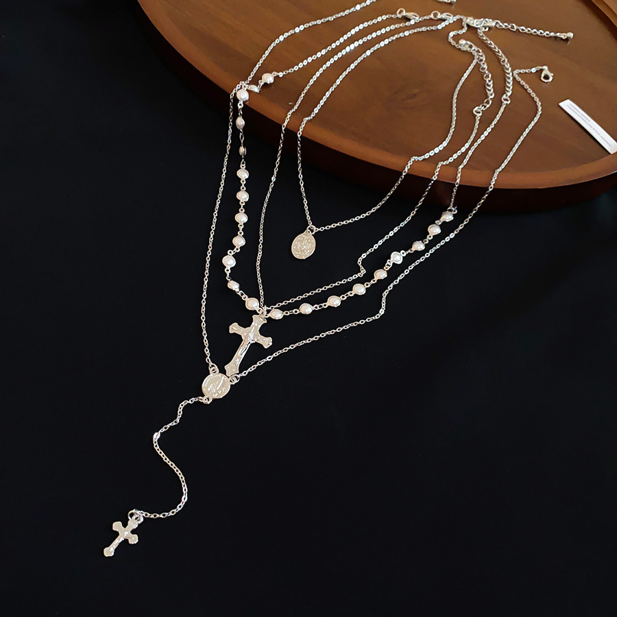 Popular European American cross Y-shaped pendant layered pearl necklace, fashionable and unique vintage collarbone chain, stylish choker - view 8