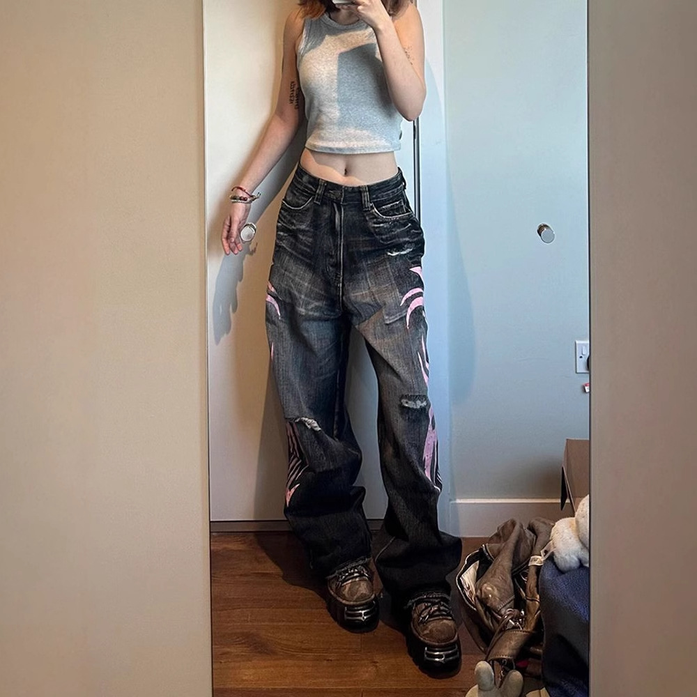 Y2K High Street Jeans Mens Retro Washed Oversized Printed Harajuku Pants Couple American Street Leisure Overalls Unisex 250208