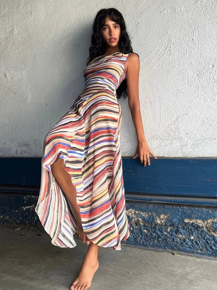 Summer Colorful Stripe Long Dresses for Women Chic Sleeveless Female Midi Dress Fashion Lady Vacation Beach Vestidos 260710 - view 5