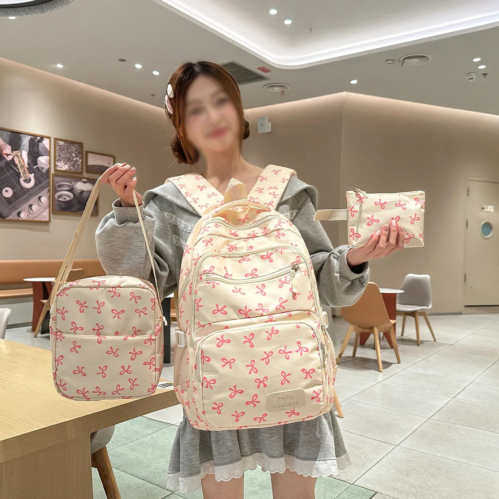 Korean Fashion Bow Print Womens Backpack Lightweight Simple Student Schoolbag Female Bag Set ThreePiece y260615 - view 6