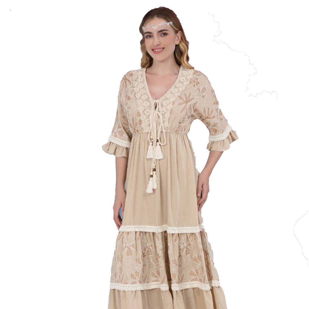 Women Fall Casual Long Dress Floral Print Lace V-Neck Long Sleeve Dress Fashion Holiday Maxi Dress Elegant Classics Versatility 250326
