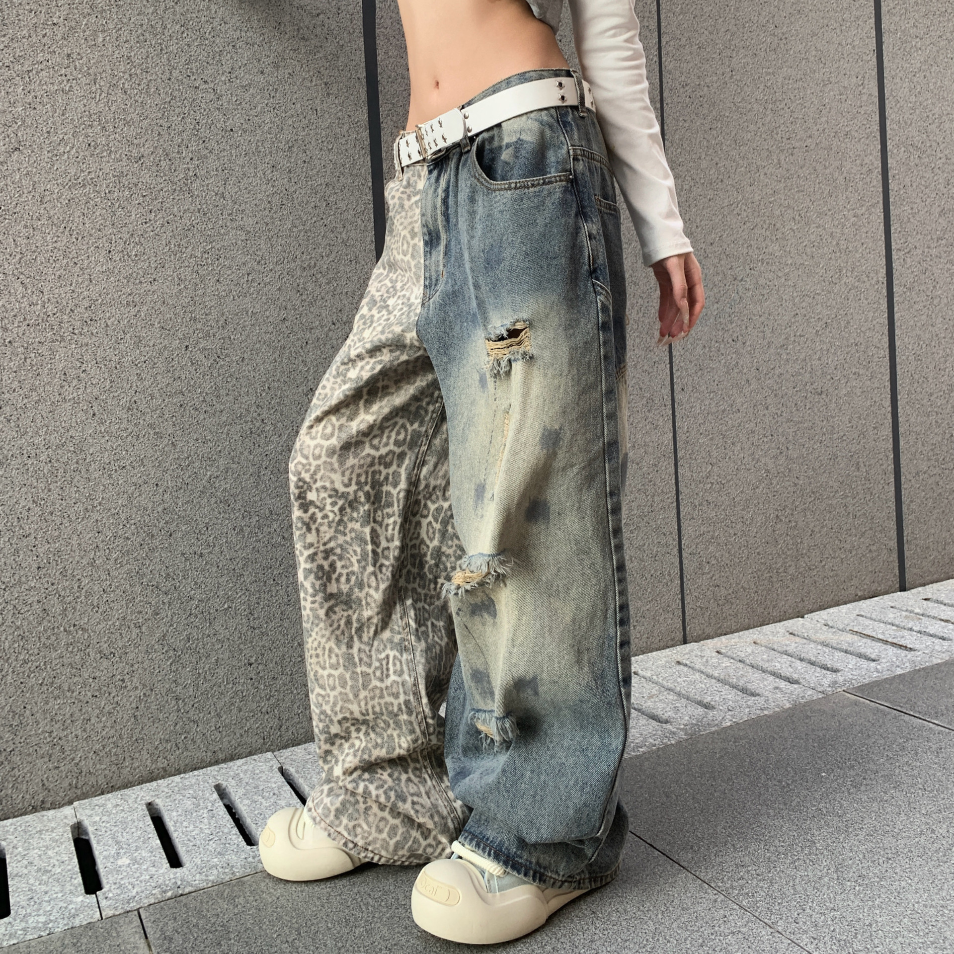 Washed Vintage Leopard Print Mens Jeans Designers Unisex Street Loose Slimming Wide Leg Pants Pantalones De Hombre Jean Baggy