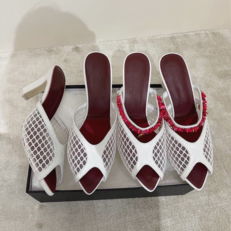Designers Mules Women Mesh Sandals Glass Heels Slipper Summer Peep Toe Slides Soft Leather Trim Office Daily Dating Luxury Footwear 1132