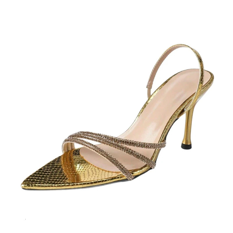 Sexy Crystal Slingback Women Golden Back Strap Sandals Narrow Band Pointed Toe High Heels Pumps Party Summer Outdoor Dress Shoes 260625 - view 6