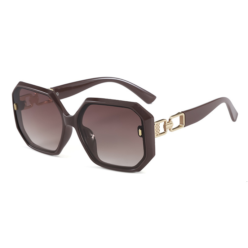Luxury Designer Hexagonal Sunglasses Women, Black Frame With Gold Chain Temples, Luxury Brand Protection Shades For Streetwear Driving Party Fashion E - view 5