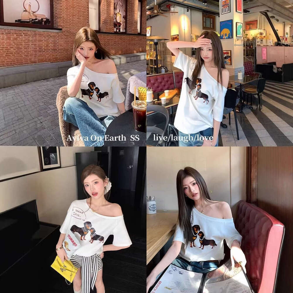 Women's Dachshund T-Shirt, Summer One-Shoulder Top with Loose Batwing Short Sleeves, 100% Cotton Applique Animal Graphic, Casual Everyday Wear for Dog - view 4