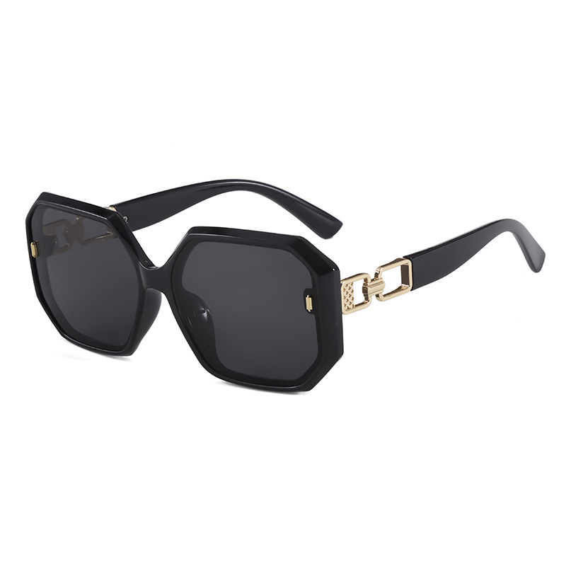 Luxury Designer Hexagonal Sunglasses Women, Black Frame With Gold Chain Temples, Luxury Brand Protection Shades For Streetwear Driving Party Fashion E - view 7