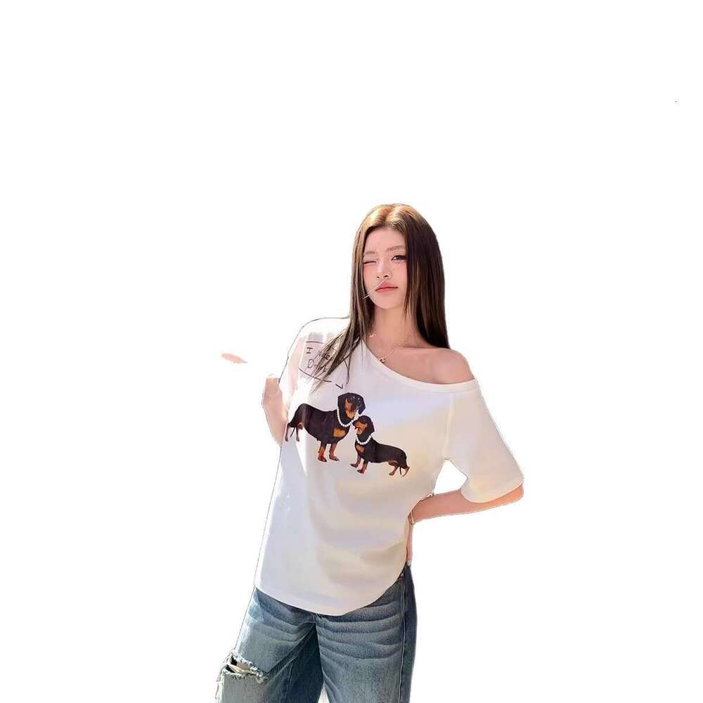 Women's Dachshund T-Shirt, Summer One-Shoulder Top with Loose Batwing Short Sleeves, 100% Cotton Applique Animal Graphic, Casual Everyday Wear for Dog - view 5