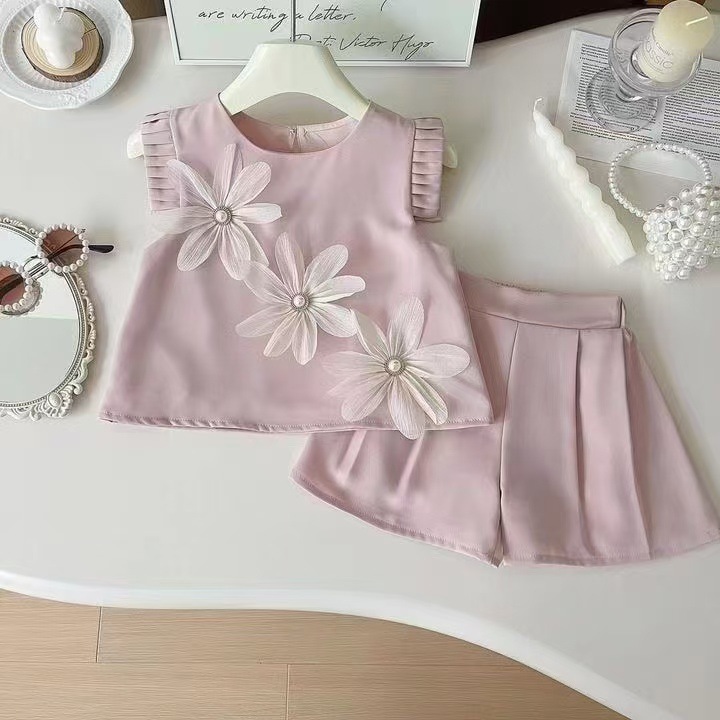 designer Kids Clothing 2026 Summer Girls Chic 3D Flower Flutter Sleeve Top & Shorts Set, Baby Girl Two-Piece Outfit