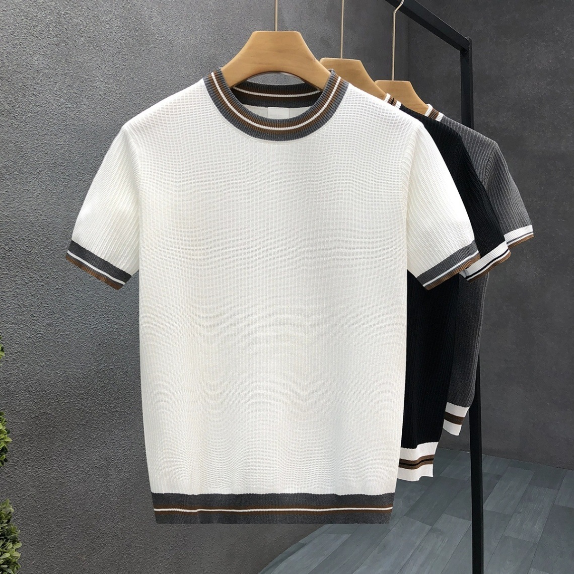 Luxury Brand Designer Men Premium Striped Trim Knit Crew Neck Short Sleeve T Shirt 2026 Spring and Summer Smart Casual Breathable Versatile Innerwear  - view 6