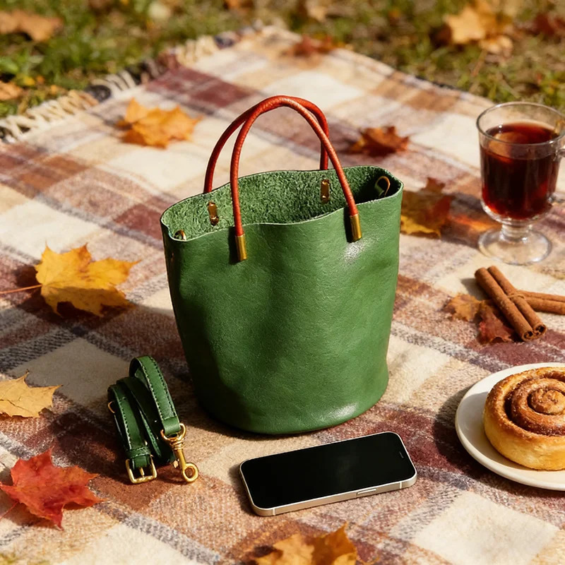 Japanese Green Bucket Bag Fashion Handbag Simple Versatile Pu Leather Trendy Womens Bag Exquisite Hardware Zipper Handbag a260625 - view 3