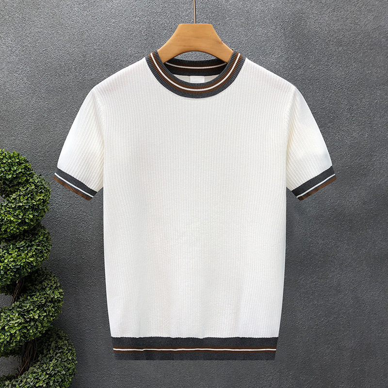 Luxury Brand Designer Men Premium Striped Trim Knit Crew Neck Short Sleeve T Shirt 2026 Spring and Summer Smart Casual Breathable Versatile Innerwear  - view 7