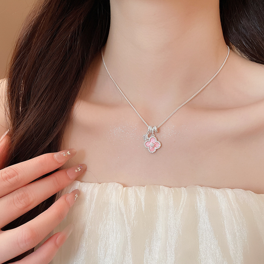 Summer Fresh Pink Lucky Flower Pendant Necklace, Light Luxury Niche Collarbone Chain, Simple Sweet Versatile Choker - view 3