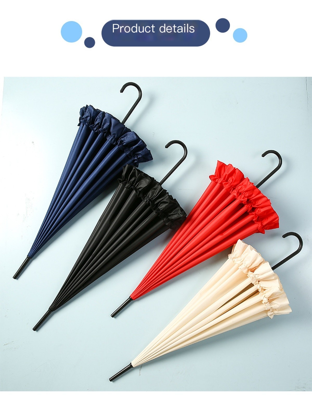 16 Ribs Frilly Ruffle Pagoda Umbrella, UPF50 Waterproof Straight Hook Handle Parasol Vintage Princess Sun Rain Umbrella for Wedding Photo & Daily Outd