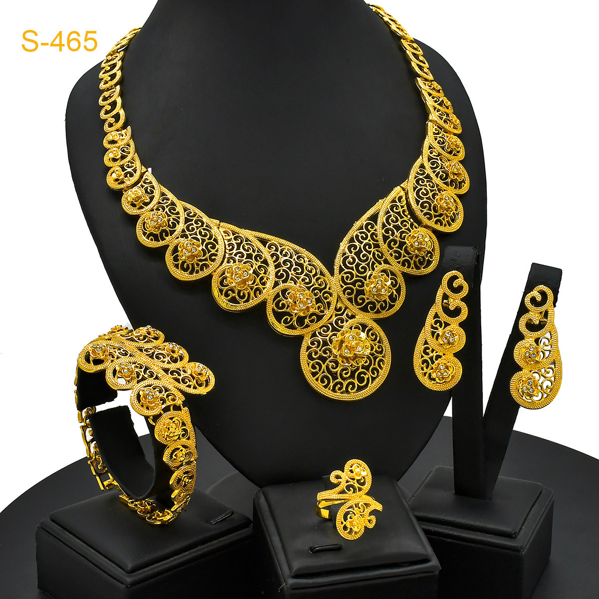 Dubai 24K Gold Plated Boutique Jewelry Set Fashion Gold 4pcs Set/Necklace/Earrings/Rings/Bracelets Wedding Wholesale 240910