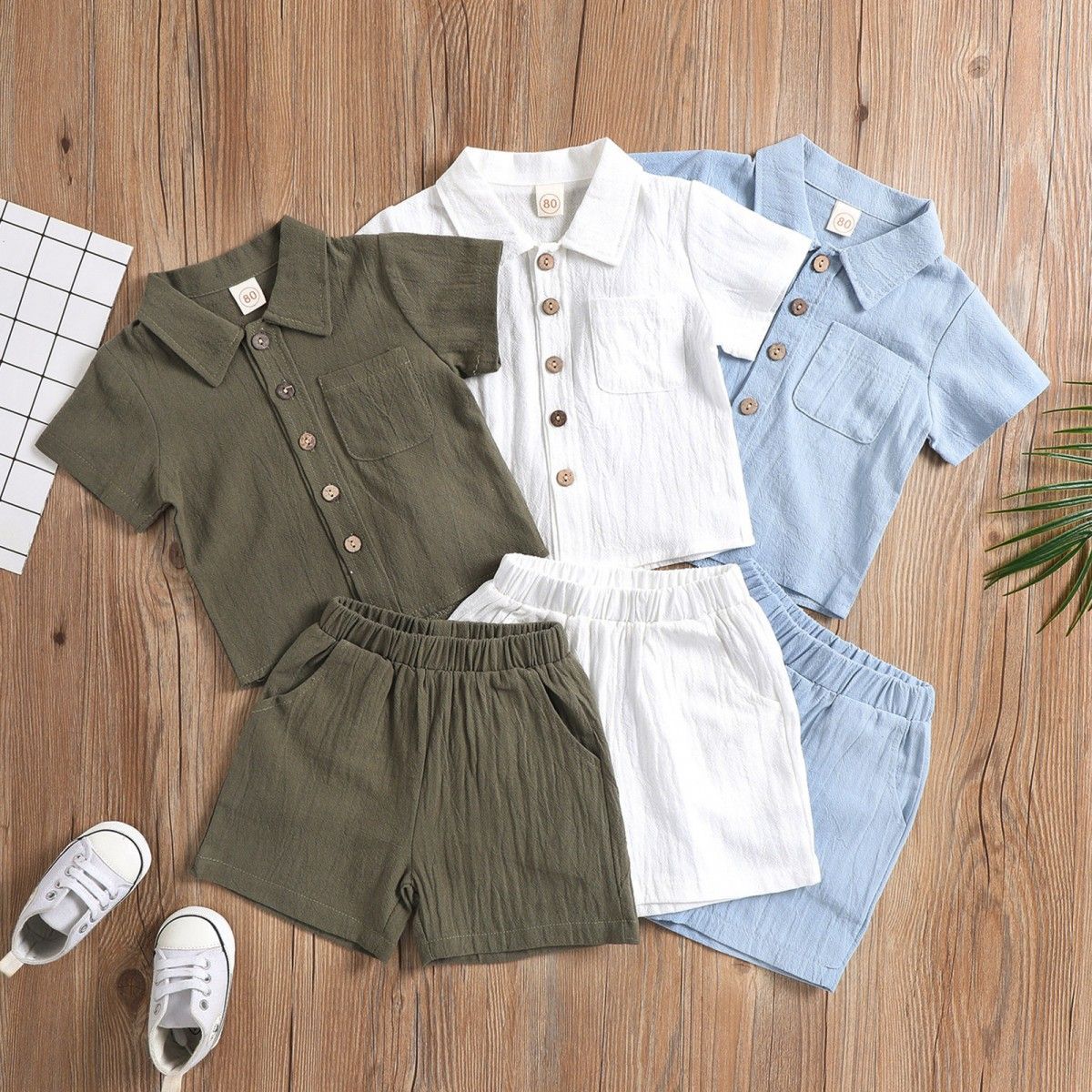 luxury kids clothing Summer Boys Linen Cotton Casual Set, Short Sleeve Lapel Polo Shirt & Shorts 2-Piece, Solid Color Toddler Outfit