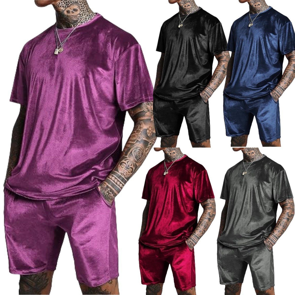2025 Solid Color Sports Fitness Clothing Casual Running Short Sleeve Set DeRong