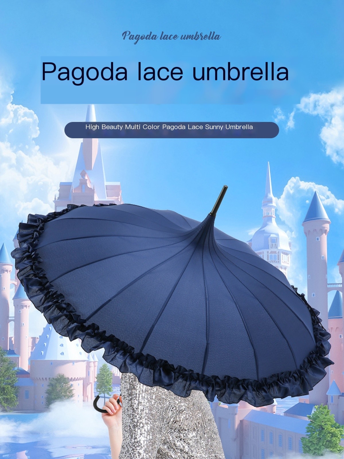 16 Ribs Frilly Ruffle Pagoda Umbrella, UPF50 Waterproof Straight Hook Handle Parasol Vintage Princess Sun Rain Umbrella for Wedding Photo & Daily Outd