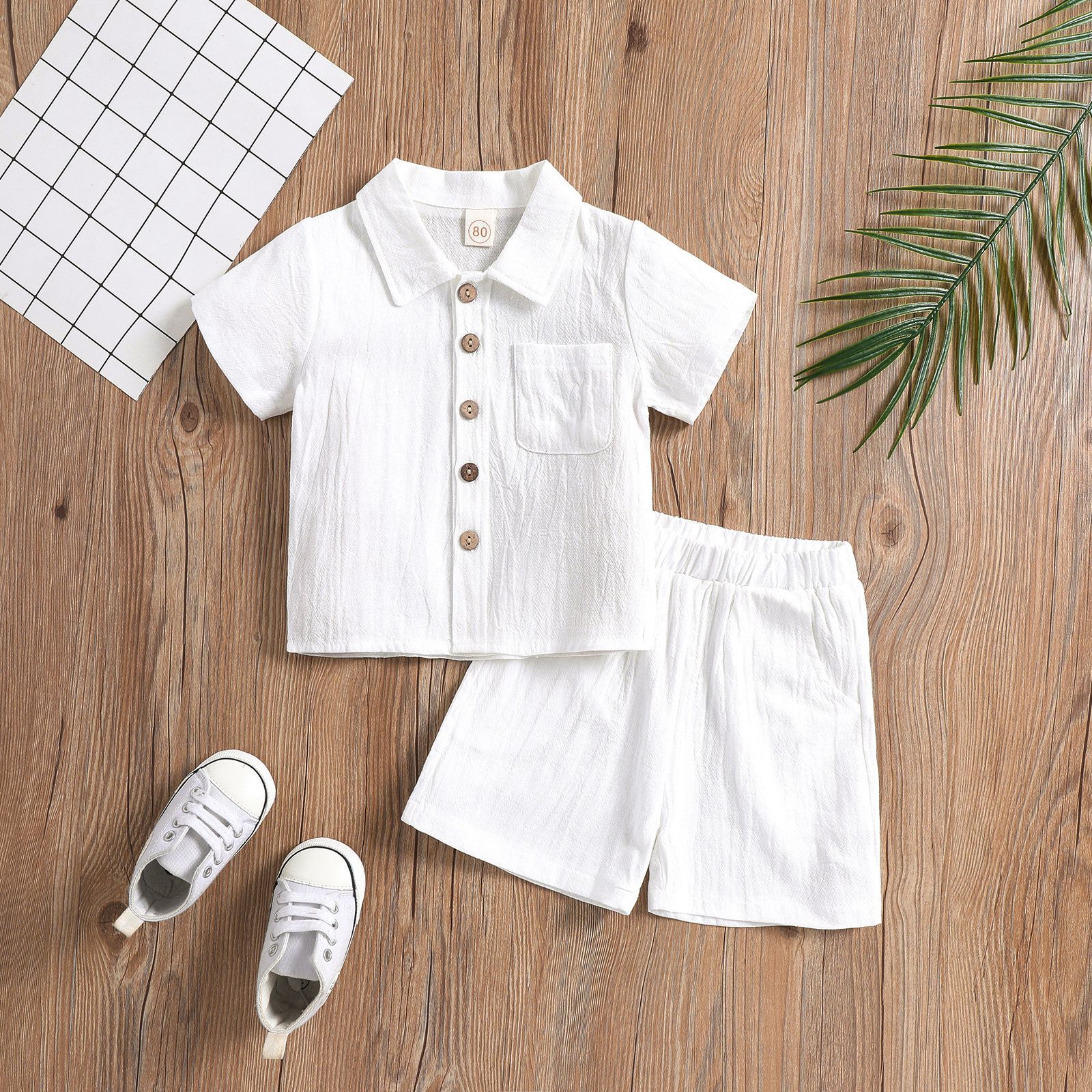 luxury kids clothing Summer Boys Linen Cotton Casual Set, Short Sleeve Lapel Polo Shirt & Shorts 2-Piece, Solid Color Toddler Outfit