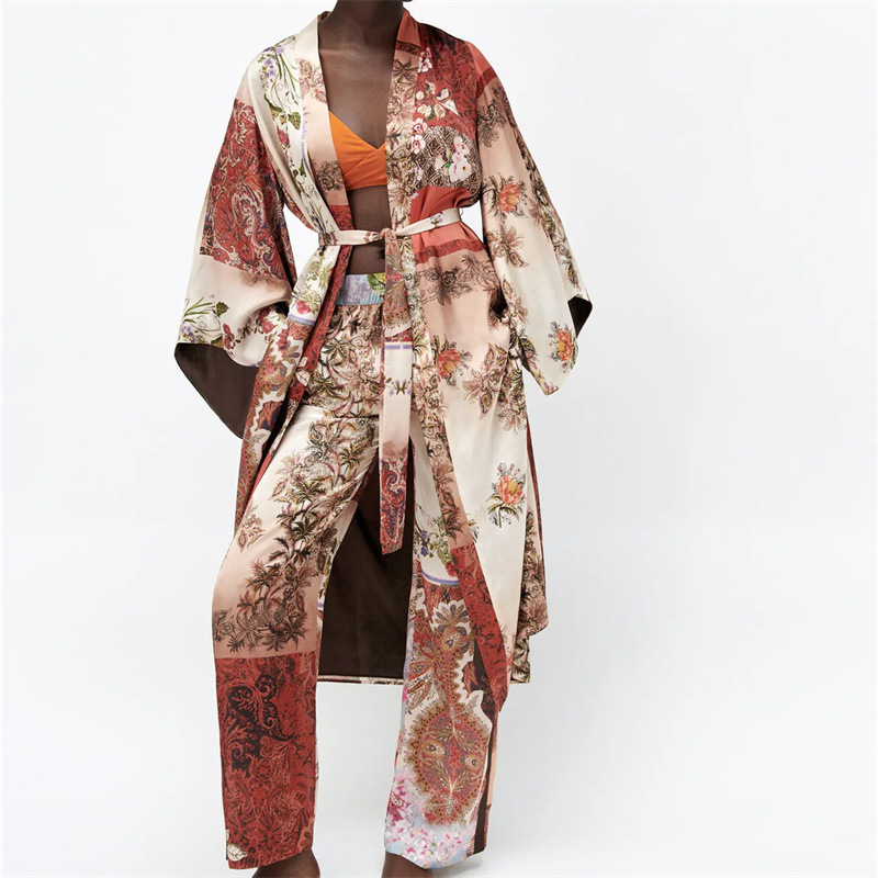 Summer womens patchwork print kimono top with belt straight-leg pants set 210609